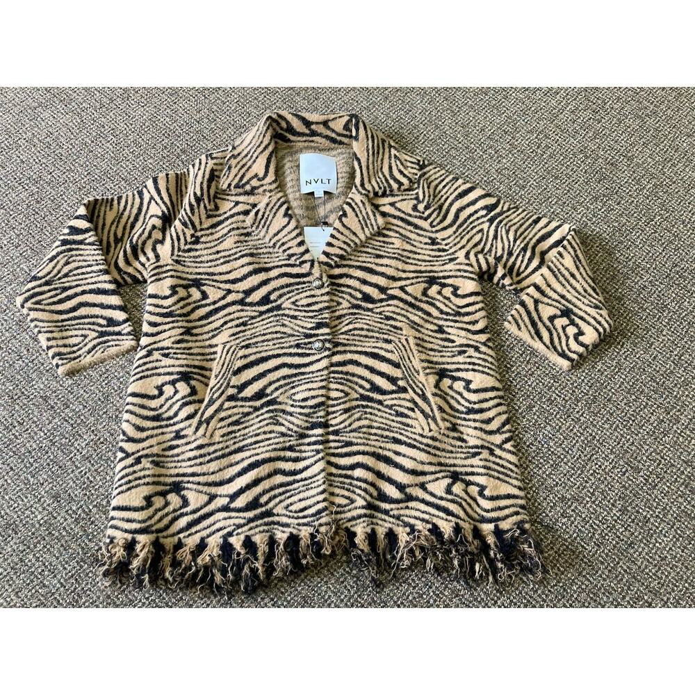 NVLT NWT Womens 1X Tiger Rust Animal Print Notch Collar Fringe Trim Fuzzy Coat